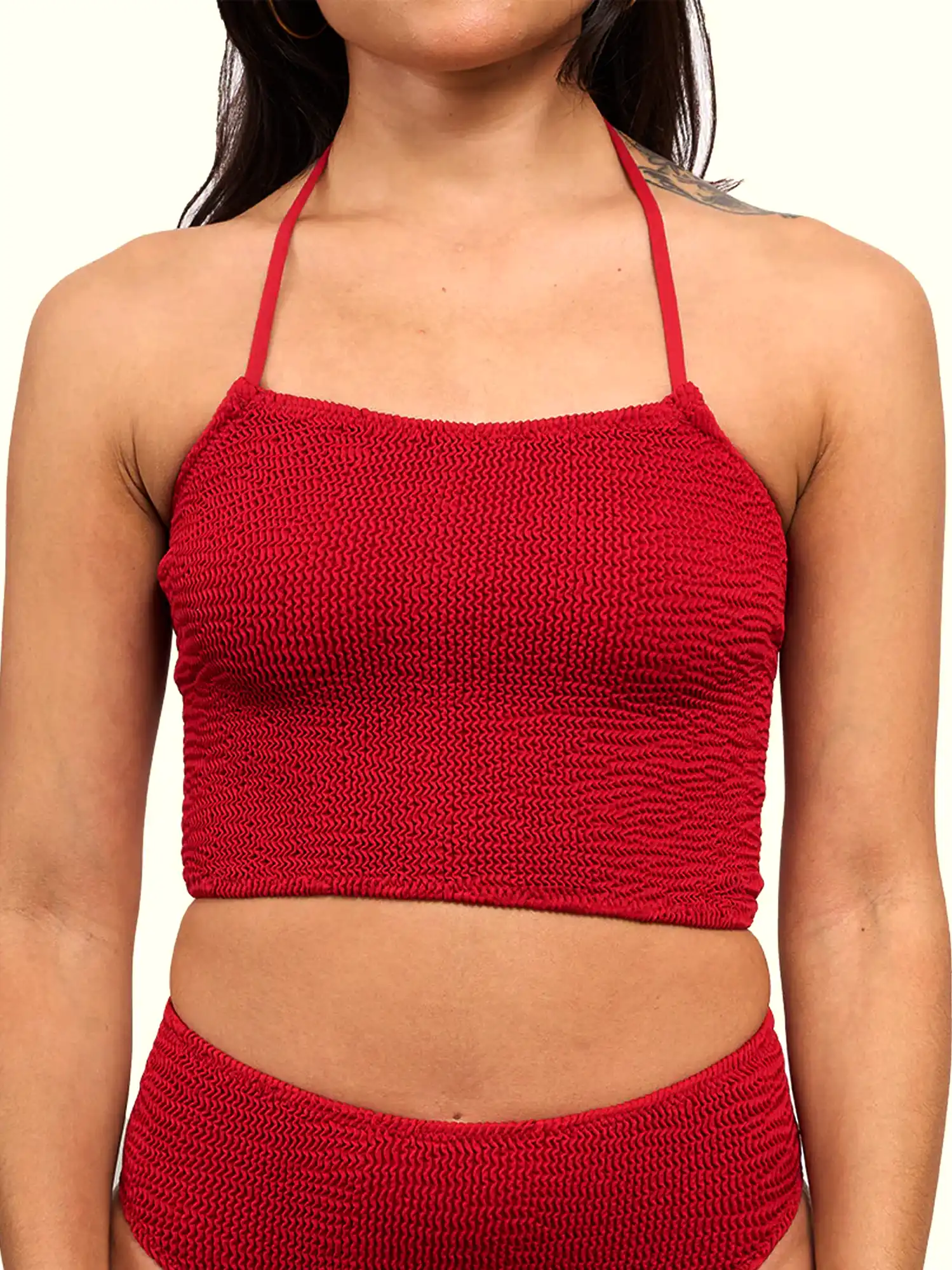 Bikini crop top slim rojo granate, de Calamoon Ecometas 01