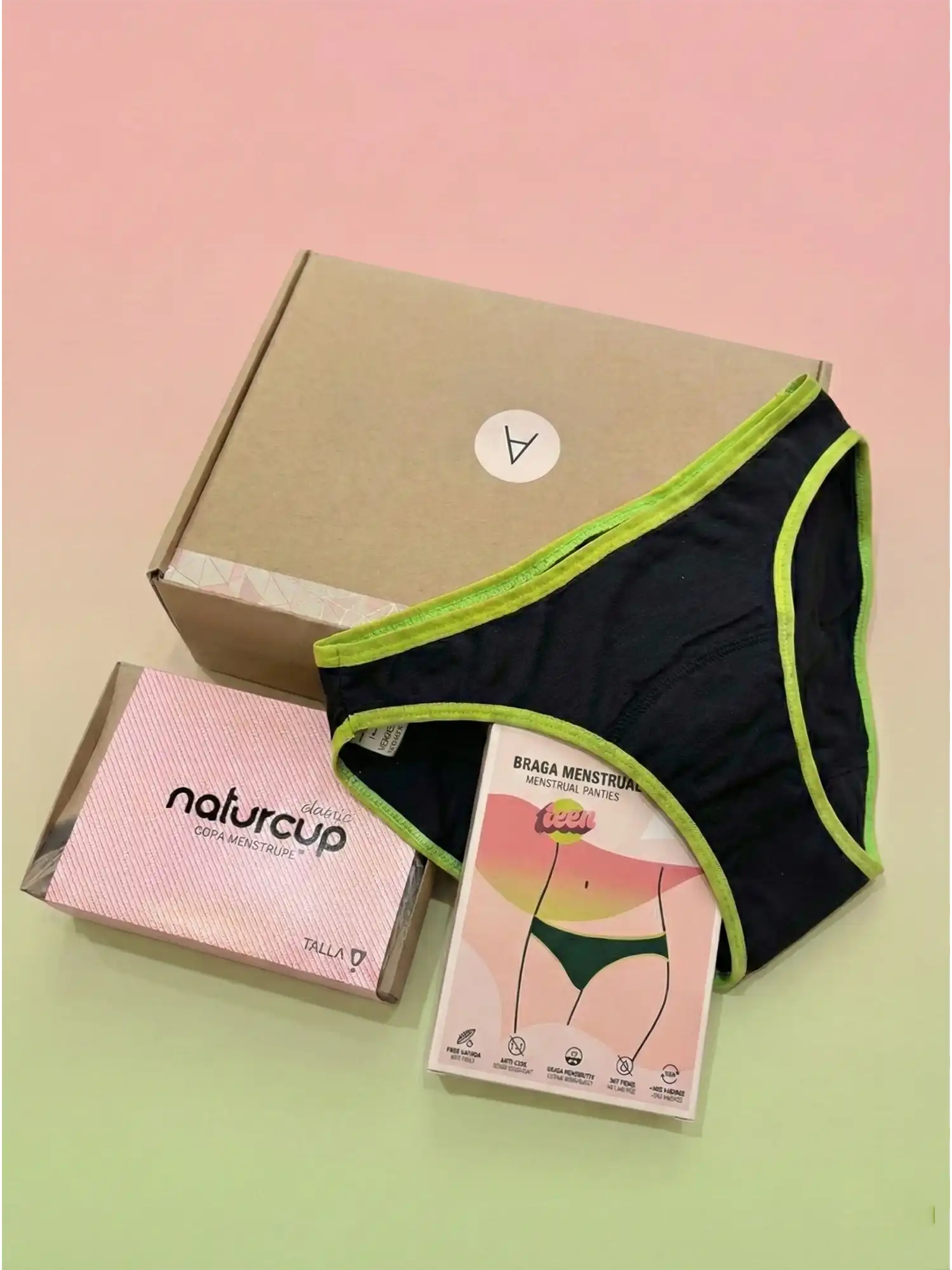 Caja primera menstruacion copa y braga menstrual 01 Ecometas