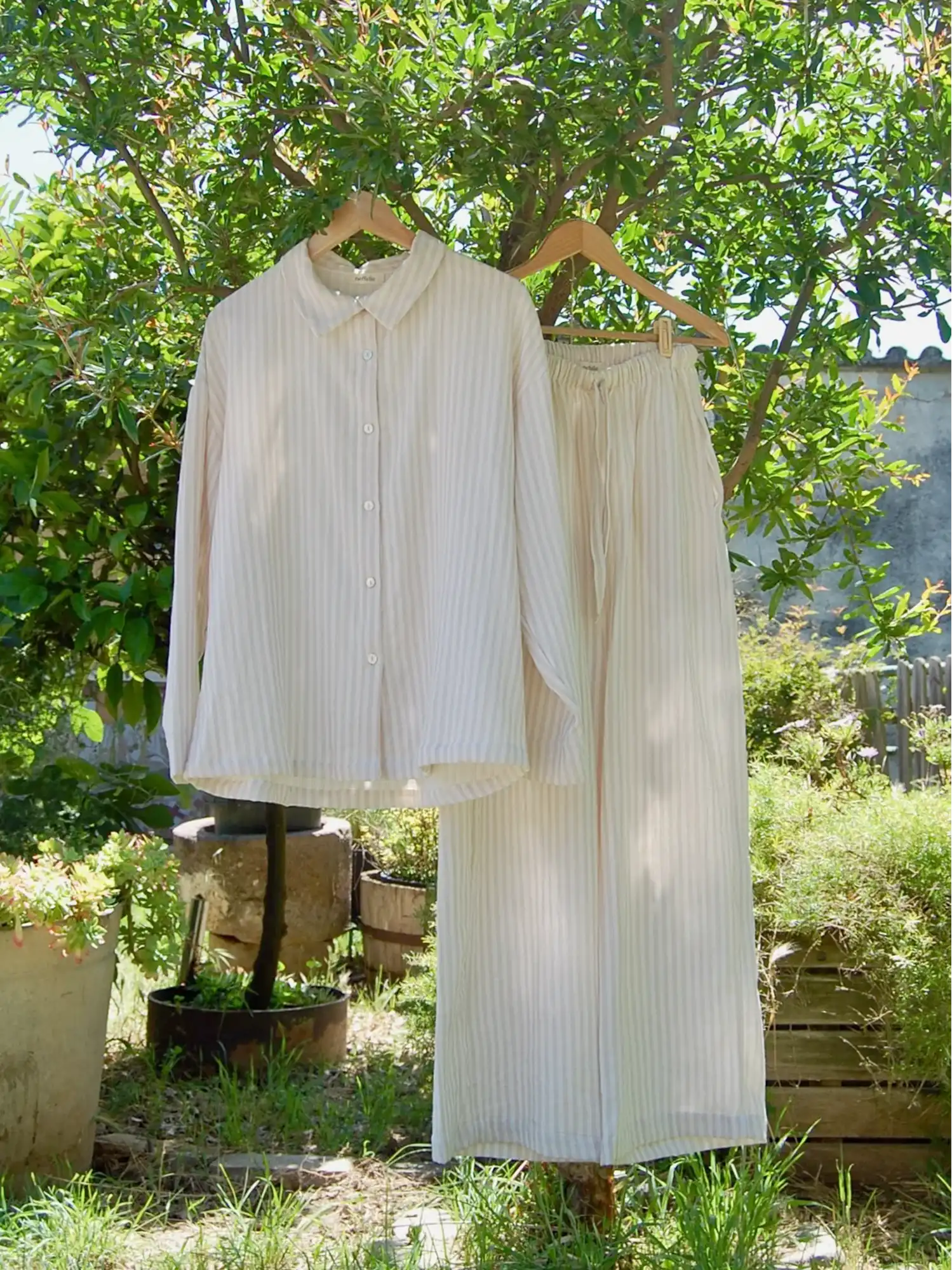 Pijama rayas beige muselina 100 algodon Neffelle 01