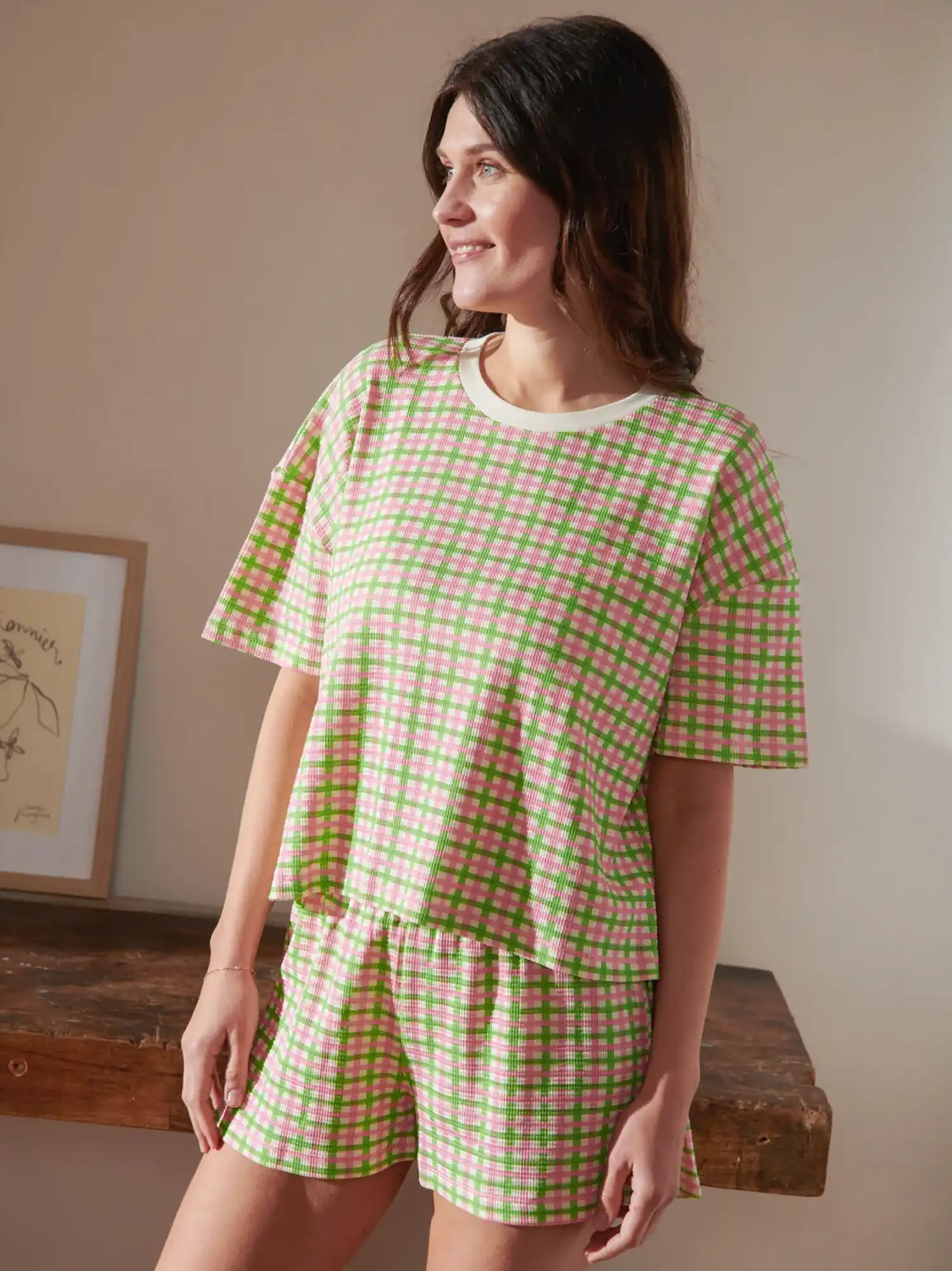 Pijama corto algodón vichy verde y rosa 100% algodón orgánico, de We Are Jolies 01